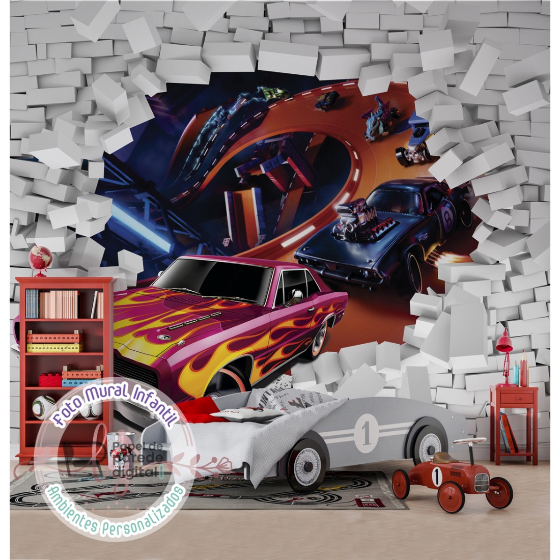 Papel de Parede Foto Mural Infantil Carros Quebrando a Parede