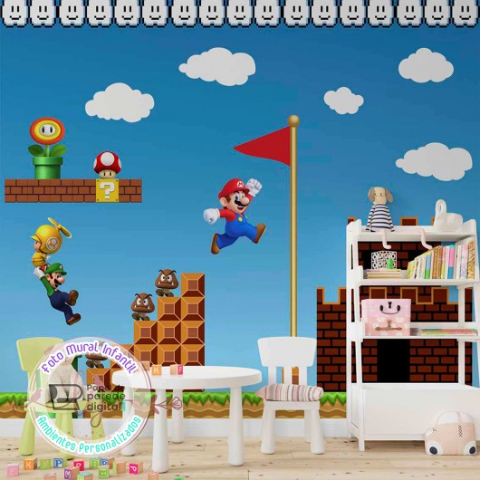 Papel de Parede Super Mario Gamer Quarto Infantil do Jogo Nintendo