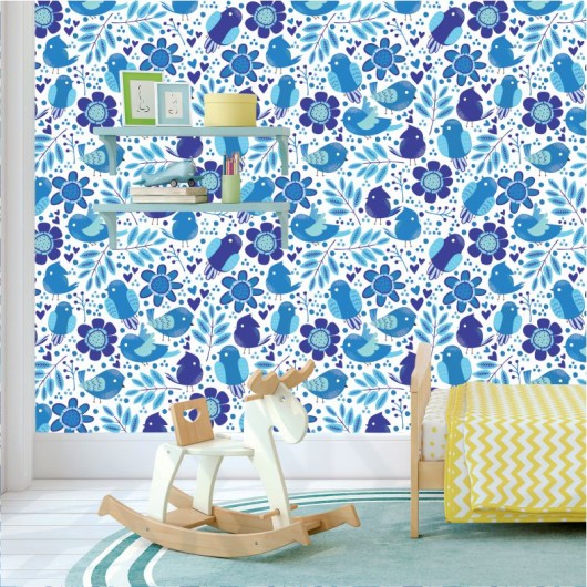 Papel de Parede Pássaros e Flores Azul