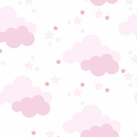 Papel de Parede Baby Nuvem, Estrela Rosa Claro No Fundo Branco