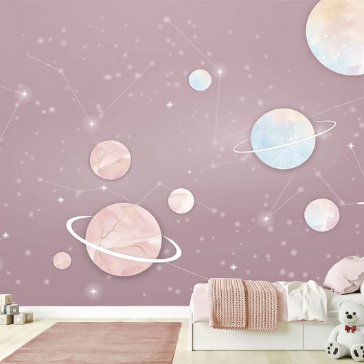 Papel de Parede Foto Mural Infantil Universo Rosa, Planetas e Estrelas,  papel de parede